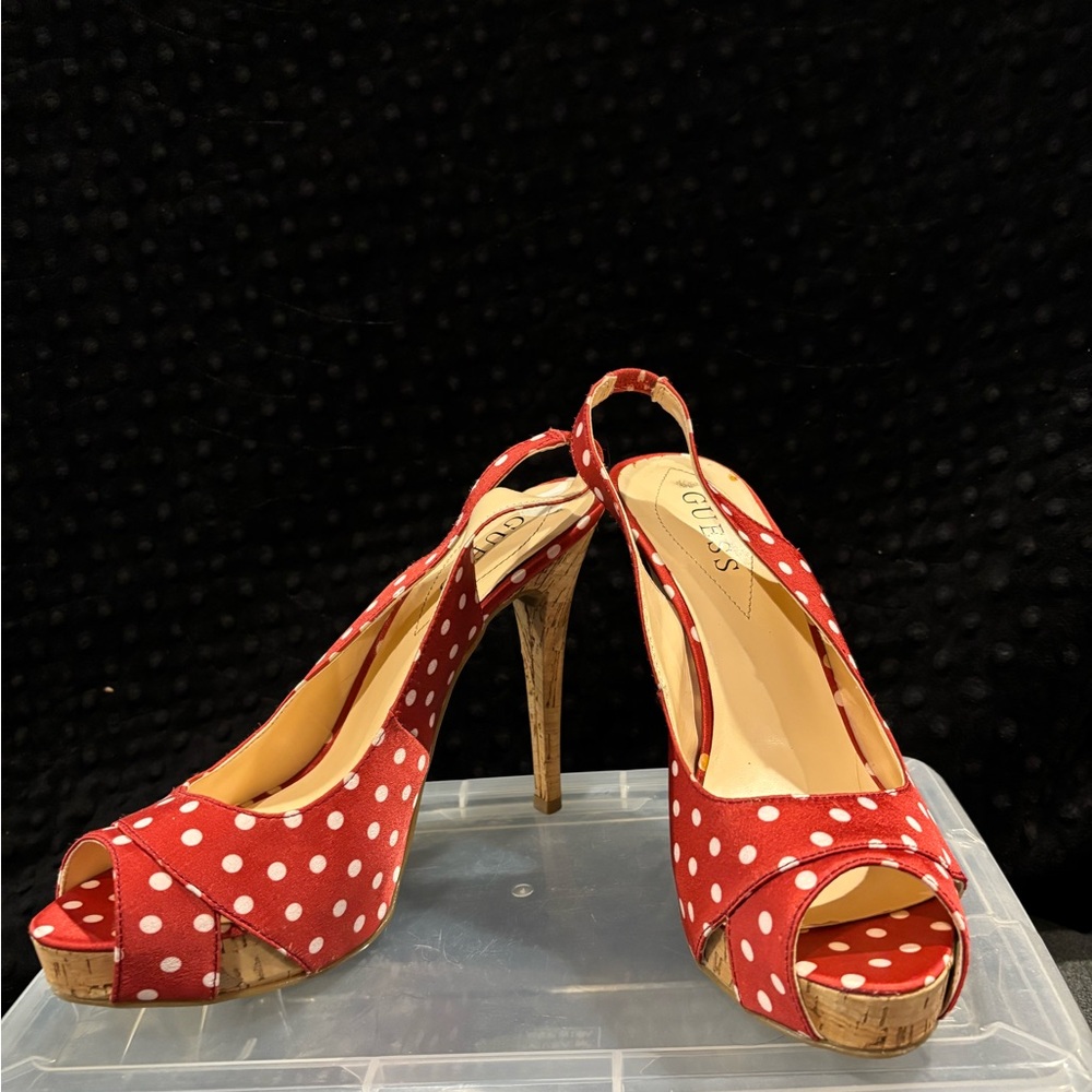Vintage Guess Red Polka Dot Slingback Heels